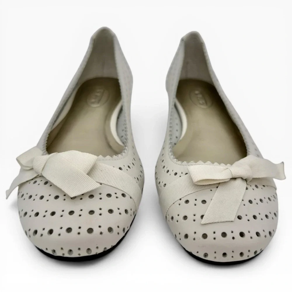 Talbots White Perforated Ballet Flats Bow‎ Scalloped Edge 7.5B